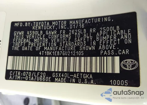 2016 Toyota Avalon Xle Plus из США, поврежденный, VIN 4T1BK1EB7GU212105